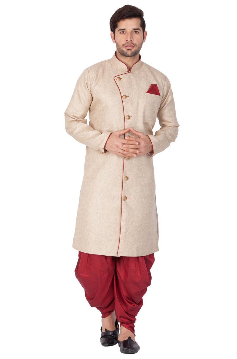VASTRAMAY VM Mens Cotton Blend Biscuit Sherwani Patiala Dhoti Set - Regal Ethnic Ensemble for Weddings and Festivals_VASMSW124nCDMA_46 - Image 2
