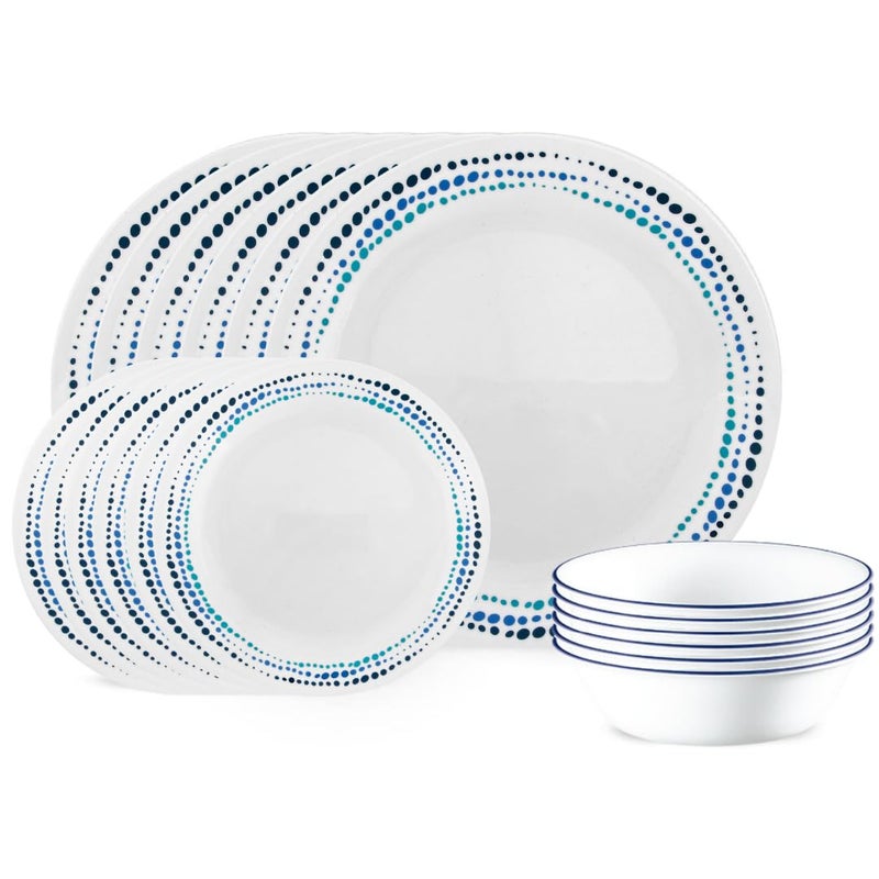 Corelle طقم أدوات مائدة كوريل فيتريل 18 قطعة لخدمة 6 أشخاص  أطباق دائرية خفيفة الوزن ومقاومة للكسر ثلاثية الطبقات باللون الأزرق المحيطي - Image 1