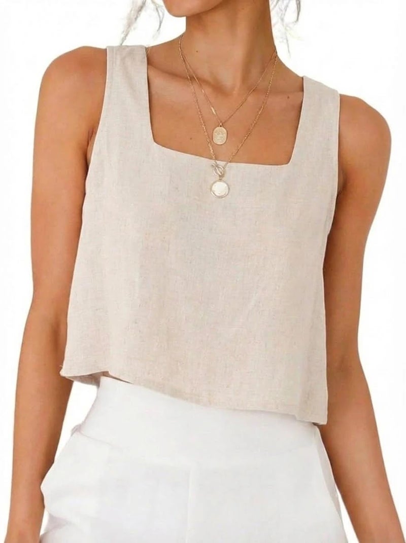 IDEALSANXUN Linen Tank Tops for Women Trendy 2026 Spring Summer Beach Vacation Square Neck Sleeveless Shirts Blouses Crop Cute Vest Top, Beige, M - Image 1