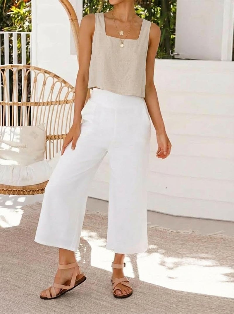 IDEALSANXUN Linen Tank Tops for Women Trendy 2026 Spring Summer Beach Vacation Square Neck Sleeveless Shirts Blouses Crop Cute Vest Top, Beige, M - Image 3