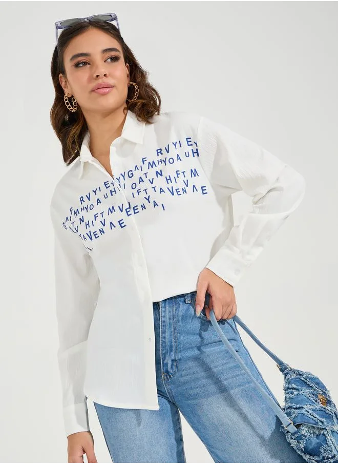 Styli Slogan Print Buttoned Oversized Shirt