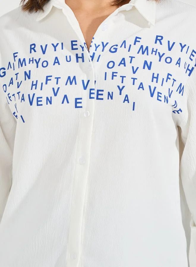 Styli Slogan Print Buttoned Oversized Shirt