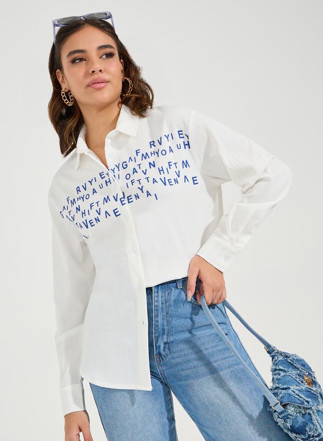 ستايلي بلوزة فضفاضة مطبعة بكتابة مع ازرار غلق - Image 1