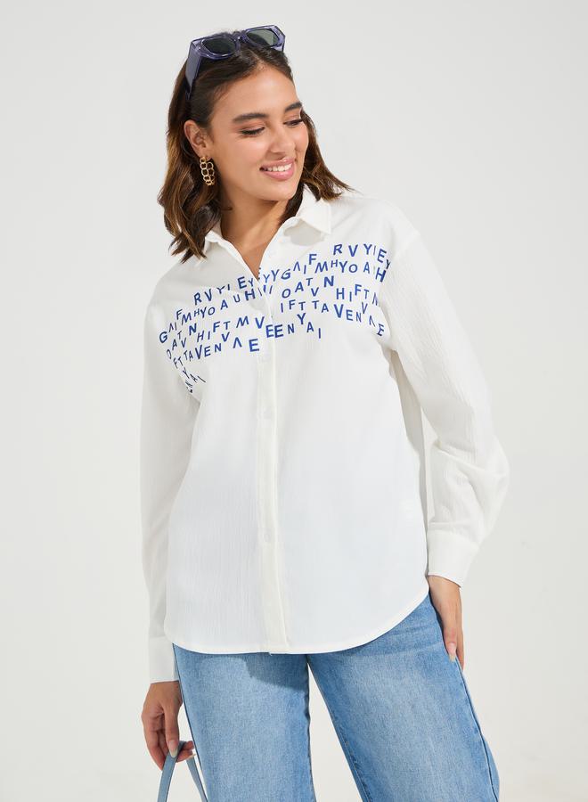 ستايلي بلوزة فضفاضة مطبعة بكتابة مع ازرار غلق - Image 3