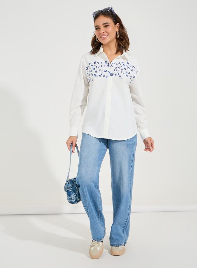 ستايلي بلوزة فضفاضة مطبعة بكتابة مع ازرار غلق - Image 2