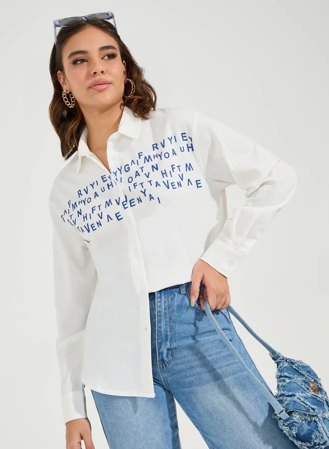 Styli Slogan Print Buttoned Oversized Shirt