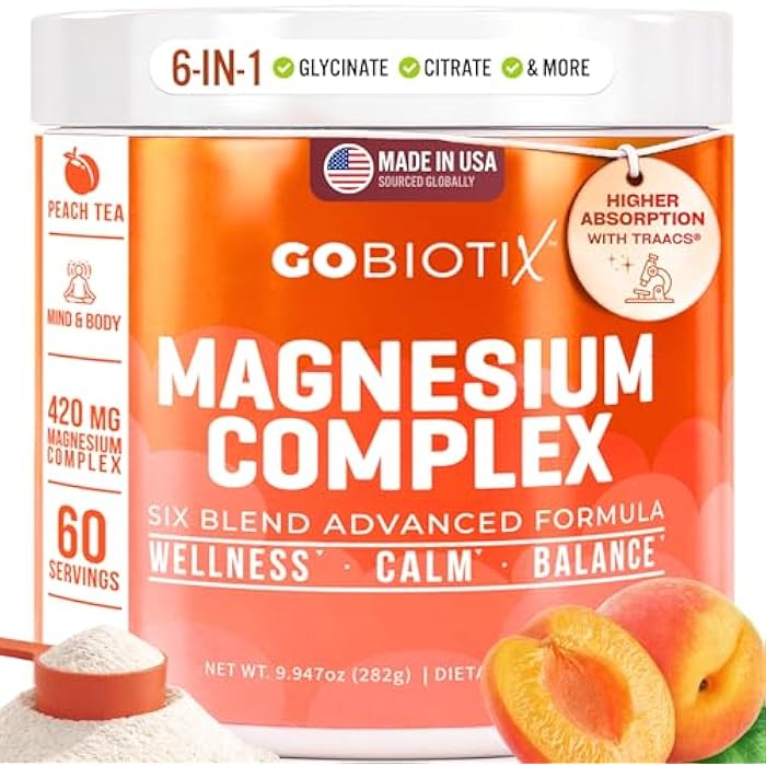 GOBIOTIX Magnesium Glycinate Powder – 6-Form Magnesium Complex: Malate, Citrate & More – Sleep, Stress & Calm Support for Women & Men – High Absorption, Sugar Free – 420mg, 60 Servings (Peach Tea) - Image 1