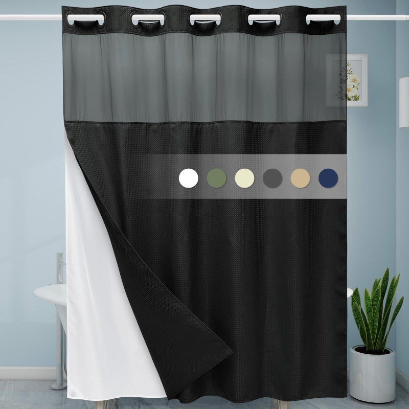 EUTXL ستارة دش أسود EUTXL مع بطانة - 230GSM وافل ستائر دش شاقية شاقة للحمام 71W × 74H - Image 1