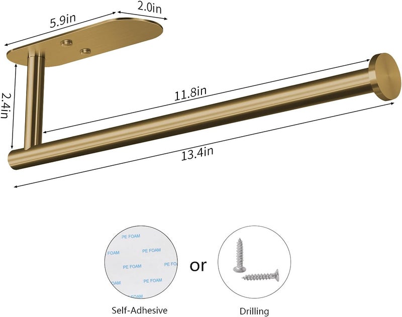 VAEHOLD Self Adhesive Paper Towel Holder Under Cabinet Mount, Wall Mounted Paper Towel Roll Holder for Kitchen, Bathroom, Wall - SUS304 Stainless Steel (Gold) - Image 5