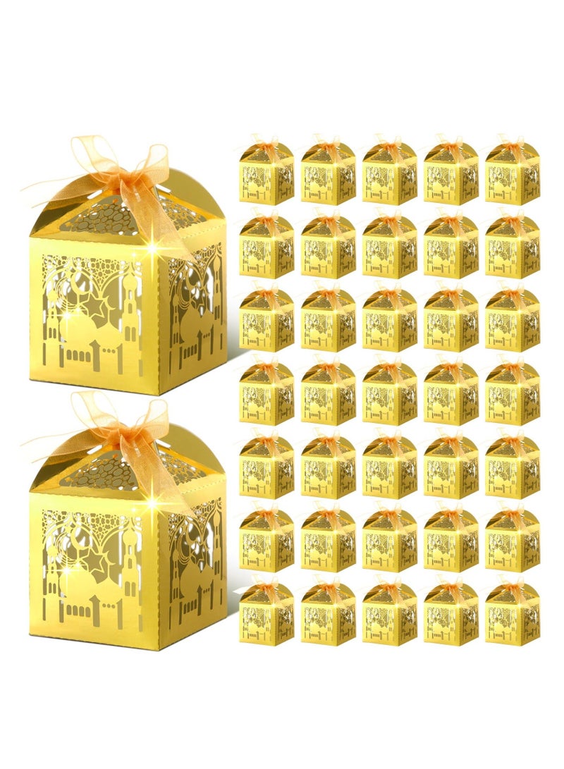 50 Pcs Candy Box Set for Eid Mubarak - Gold Laser Cut Ramadan Gift Boxes with Ribbons for Muslim Party Favors, Islamic Birthday Decorations - Image 1