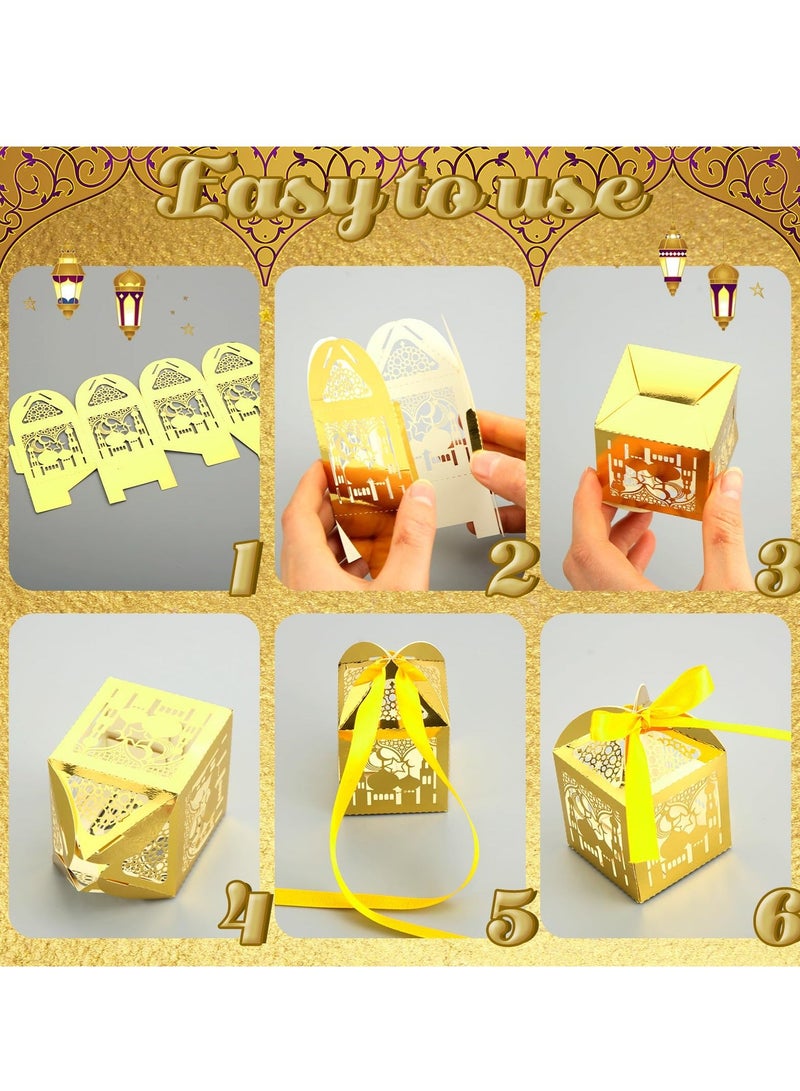 50 Pcs Candy Box Set for Eid Mubarak - Gold Laser Cut Ramadan Gift Boxes with Ribbons for Muslim Party Favors, Islamic Birthday Decorations - Image 3