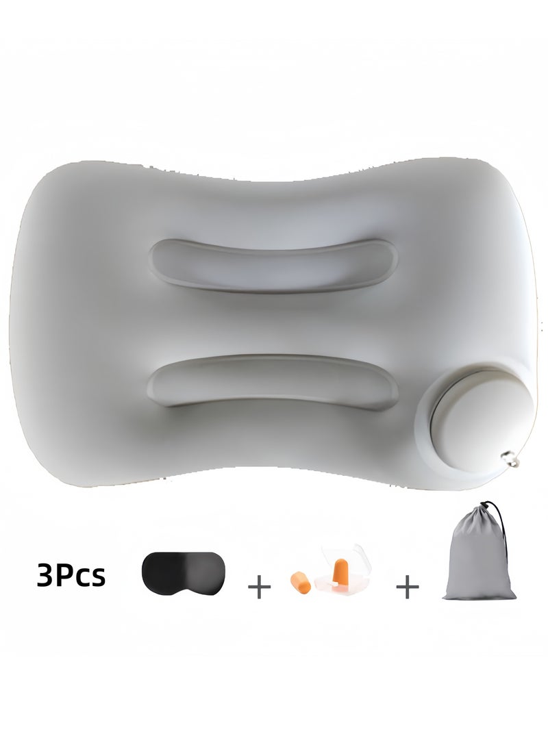 3 Pcs Travel Pillow Set With Eye Mask and Ear Plugs, Inflatable Camping Pillow With Storage Bag, Lumbar Support Office Chair Cushion, Milk Fiber Ultra Lightweight Inflatable Pillow, Comfortable Neck Pillow for Your Neck Pain, Grey  - Image 1