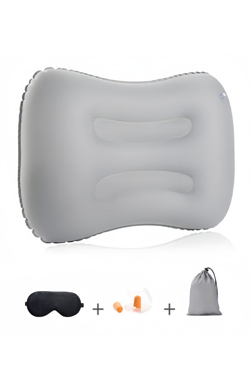 3 Pcs Travel Pillow Set With Eye Mask and Ear Plugs, Inflatable Camping Pillow With Storage Bag, Lumbar Support Office Chair Cushion, Milk Fiber Ultra Lightweight Inflatable Pillow, Comfortable Neck Pillow for Your Neck Pain, Grey - Image 1