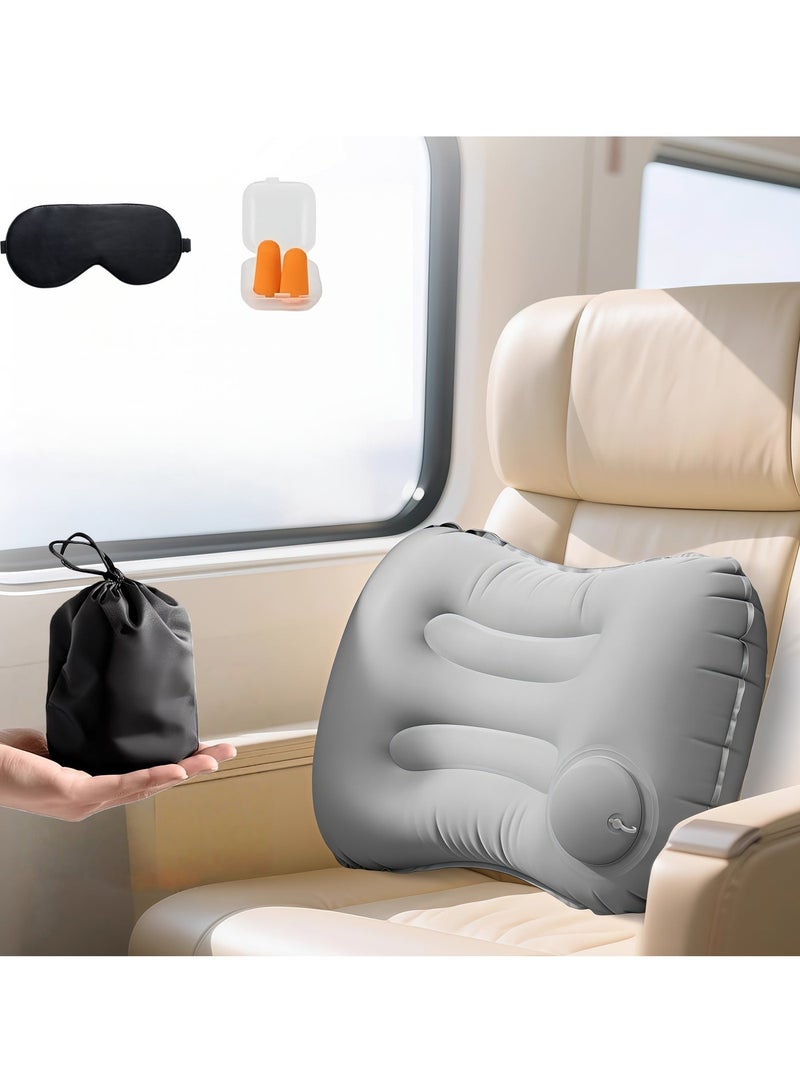 مجموعة وسائد سفر من 3 قطع مع قناع للعين وسدادات أذن وحقيبة تخزين، وسادة تخييم قابلة للنفخ، وسادة كرسي مكتب لدعم أسفل الظهر، وسادة قابلة للنفخ خفيفة الوزن للغاية من ألياف الحليب، وسادة رقبة مريحة لألم رقبتك، لون رمادي - Image 2