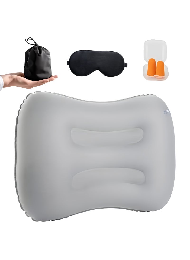 مجموعة وسائد سفر من 3 قطع مع قناع للعين وسدادات أذن وحقيبة تخزين، وسادة تخييم قابلة للنفخ، وسادة كرسي مكتب لدعم أسفل الظهر، وسادة قابلة للنفخ خفيفة الوزن للغاية من ألياف الحليب، وسادة رقبة مريحة لألم رقبتك، لون رمادي - Image 1