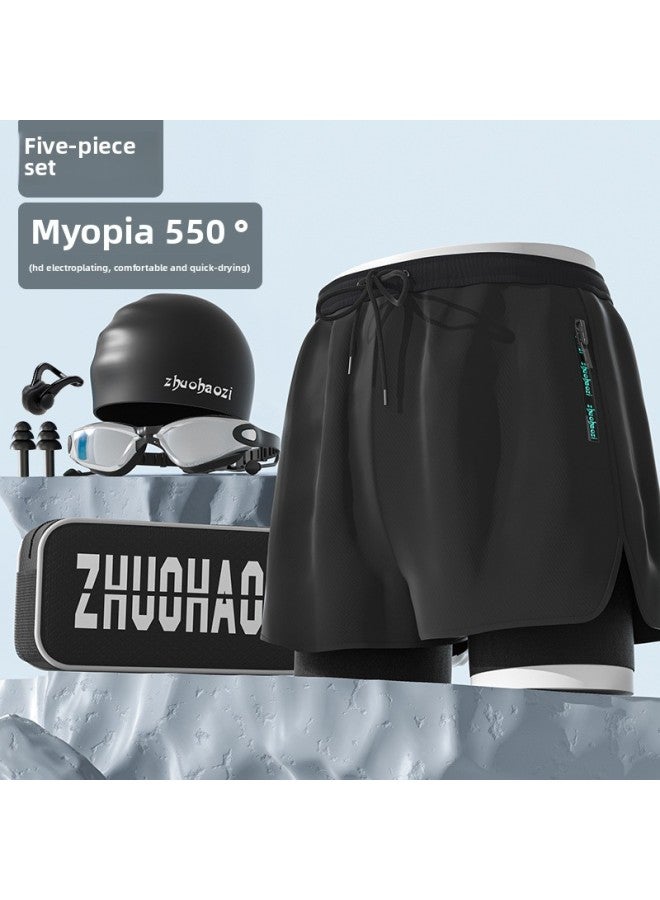 إسكدنيا سراويل سباحة للرجال مضادة للإحراج فضفاضة سريعة الجفاف 2023، قبعة سباحة، مجموعة من ثلاث قطع، مجموعة معدات السباحة في الربيع الساخن - اللون: خمس قطع بسحاب أسود 【قصر النظر 550 درجة】】 - - Image 1