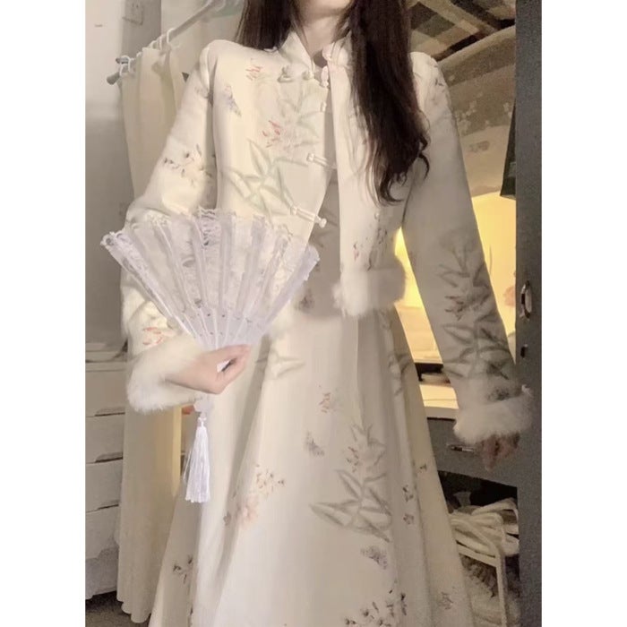 New Chinese Retro Dress 2024 Fall/Winter Thickened Warm High-grade Jacket dress Elegant Two-piece Dress Suit