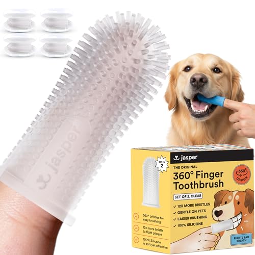 Jasper Dog Toothbrush, 360 Dog Tooth Brushing Kit, Finger Toothbrush, Cat Tooth Brush, Teeth Cleaning, Pet Tooth Brush for Small & Large Pets, Pet Toothpaste Not Included, 4-Pack Clear - Image 1