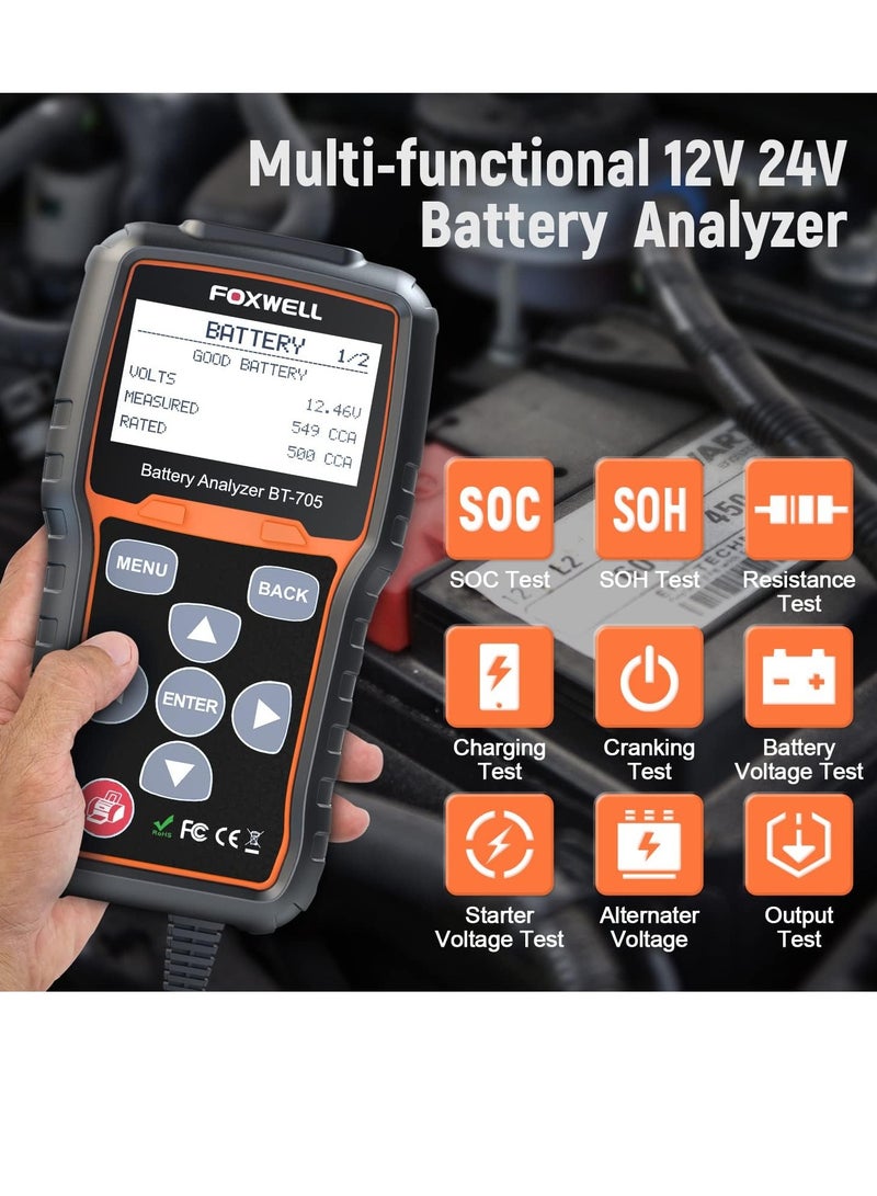 Foxwell جهاز اختبار البطارية BT705 12V 24V، جهاز اختبار تحميل بطارية السيارة 100-2000CCA مع شاشة رقمية، محلل دوران سريع ومولد للسيارات الثقيلة، الشاحنات، SUV، قوارب البحر مقاومة لدرجات الحرارة العالية - Image 2