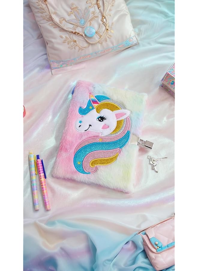 إيروريكس مجموعة هدايا دفتر يونيكورن وردي رقيق من القطيفة الناعمة والقرطاسية الأنيقة للفتيات تتضمن سلسلة مفاتيح على شكل كرة من فرو يونيكورن ولوحة كتابة مذكرات حالمة للأطفال - Image 4