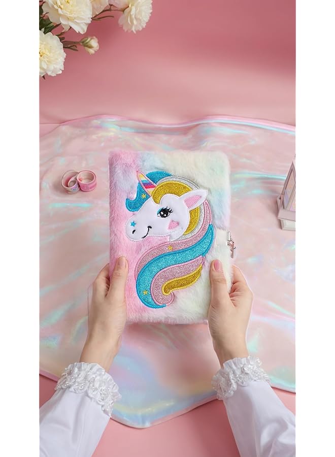 إيروريكس مجموعة هدايا دفتر يونيكورن وردي رقيق من القطيفة الناعمة والقرطاسية الأنيقة للفتيات تتضمن سلسلة مفاتيح على شكل كرة من فرو يونيكورن ولوحة كتابة مذكرات حالمة للأطفال - Image 2