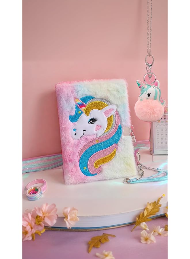 إيروريكس مجموعة هدايا دفتر يونيكورن وردي رقيق من القطيفة الناعمة والقرطاسية الأنيقة للفتيات تتضمن سلسلة مفاتيح على شكل كرة من فرو يونيكورن ولوحة كتابة مذكرات حالمة للأطفال - Image 1