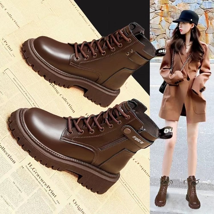 British Style Martin Boots For Women Style Small Heightening Fleece-Lined Thick Sole Retro Versatile Motorcycle Boots - Image 3