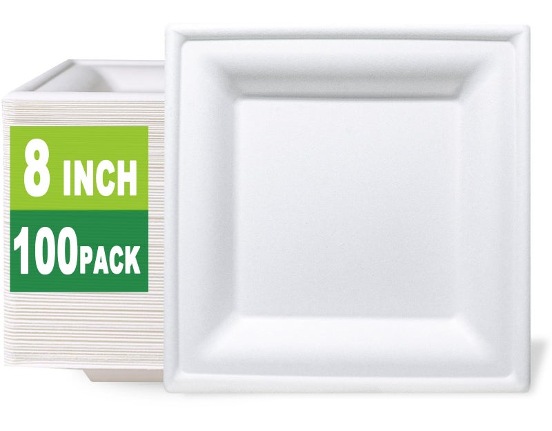 GreenWorks 100 Count 8 Inch Square Compostable Plates  Heavy Duty Bagasse and Bamboo Fiber Disposable Paper Plates - Image 1