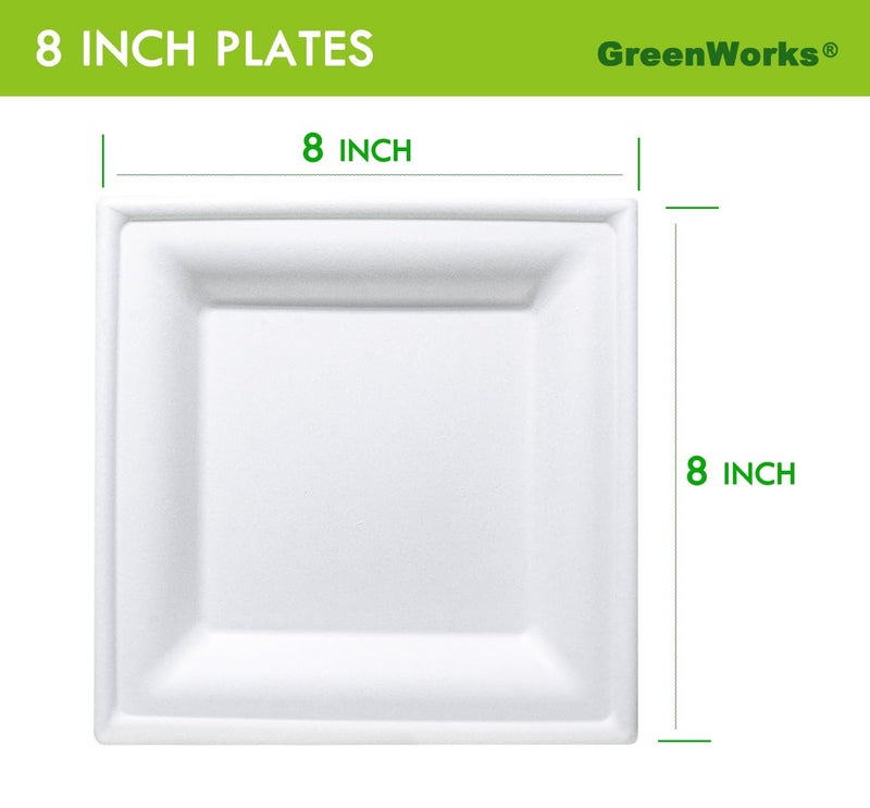 GreenWorks 100 Count 8 Inch Square Compostable Plates  Heavy Duty Bagasse and Bamboo Fiber Disposable Paper Plates - Image 3