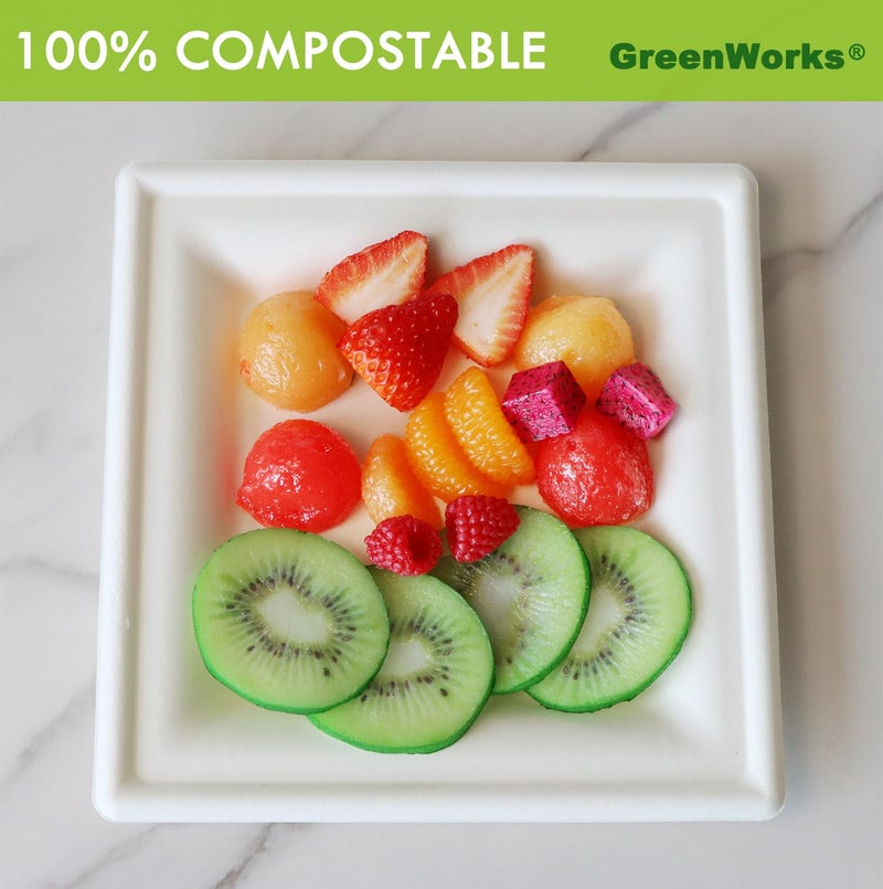 GreenWorks 100 Count 8 Inch Square Compostable Plates  Heavy Duty Bagasse and Bamboo Fiber Disposable Paper Plates - Image 2