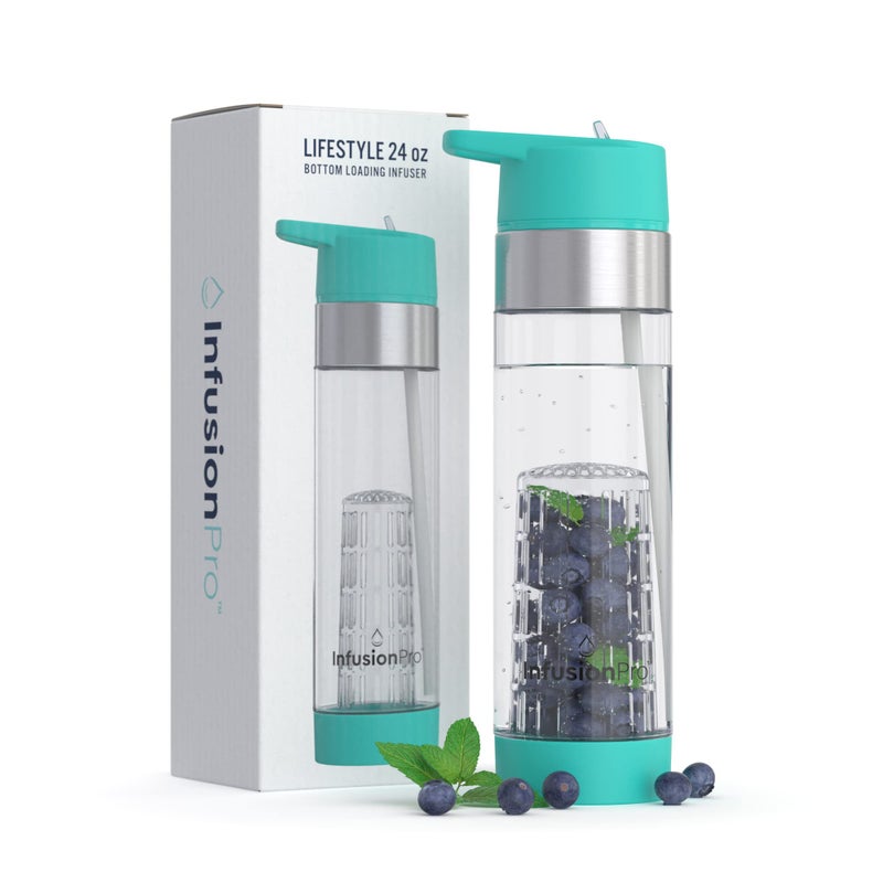 Infusion Pro Infusion Pro Fruit Infuser Water Bottle with Straw Lid 24 oz : Flip-Up Water Bottle Straw : Insulated Sleeve & Fruit Infusion Water eBook : Bottom Loading Water Infuser for More Flavor - Blue Jade  - Image 1
