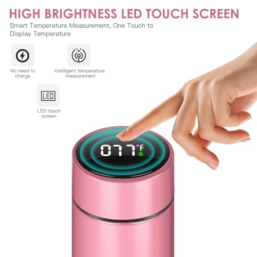 IKTU 500ml Smart LED Temperature Display Water Bottle, Double Wall Vacuum Insulated Flask, Food Grade SUS304 Stainless Steel Bottle Hot & Cold (Pink) - Image 2
