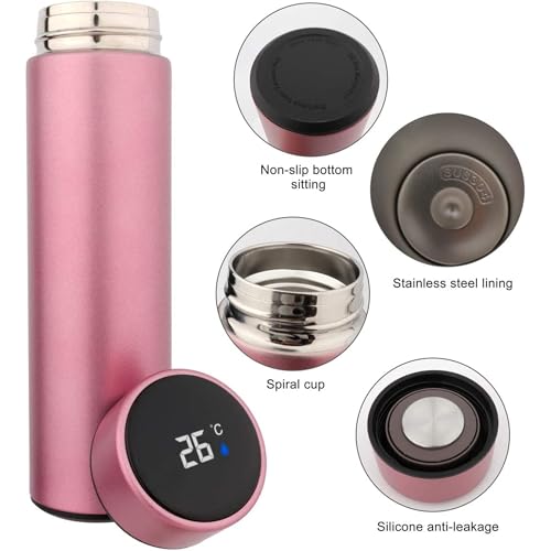 IKTU 500ml Smart LED Temperature Display Water Bottle, Double Wall Vacuum Insulated Flask, Food Grade SUS304 Stainless Steel Bottle Hot & Cold (Pink) - Image 4