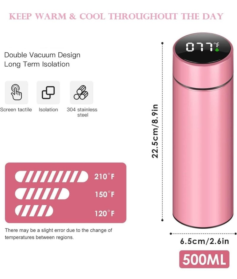 IKTU 500ml Smart LED Temperature Display Water Bottle, Double Wall Vacuum Insulated Flask, Food Grade SUS304 Stainless Steel Bottle Hot & Cold (Pink) - Image 3