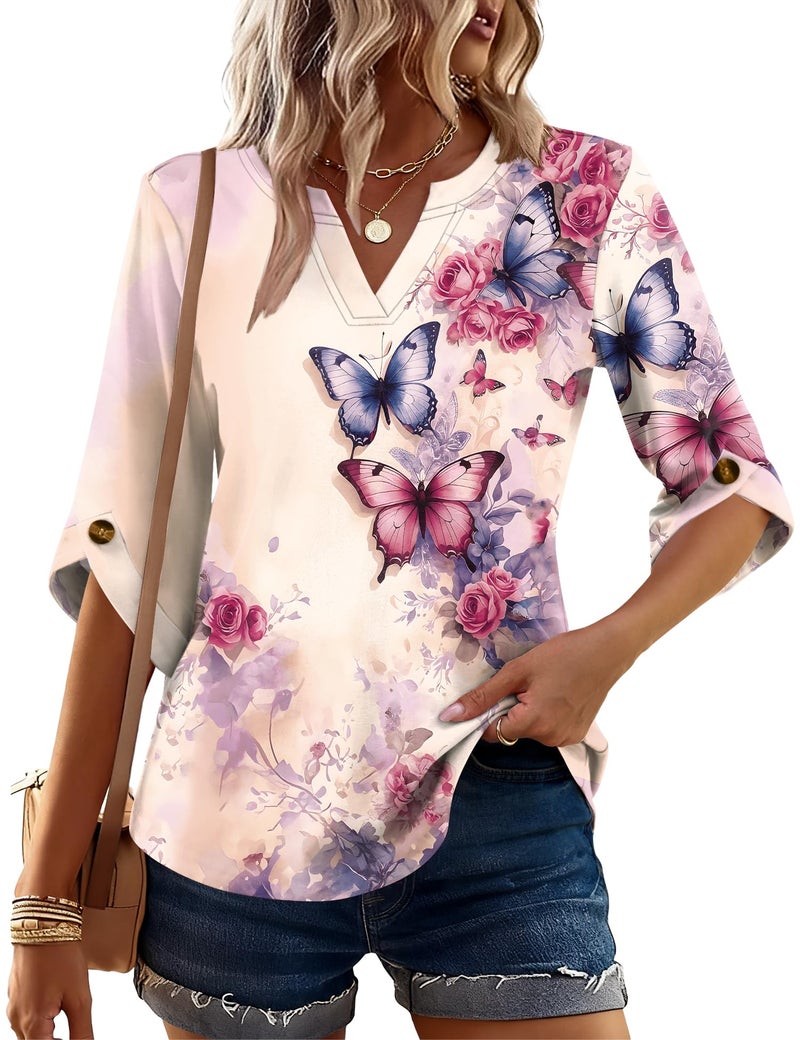 Kistore Women's Shirts Cute Going out 3/4 Sleeve Colored Butterflies Tops V Neck Button Cuffs Blouse Apricot M - Image 2