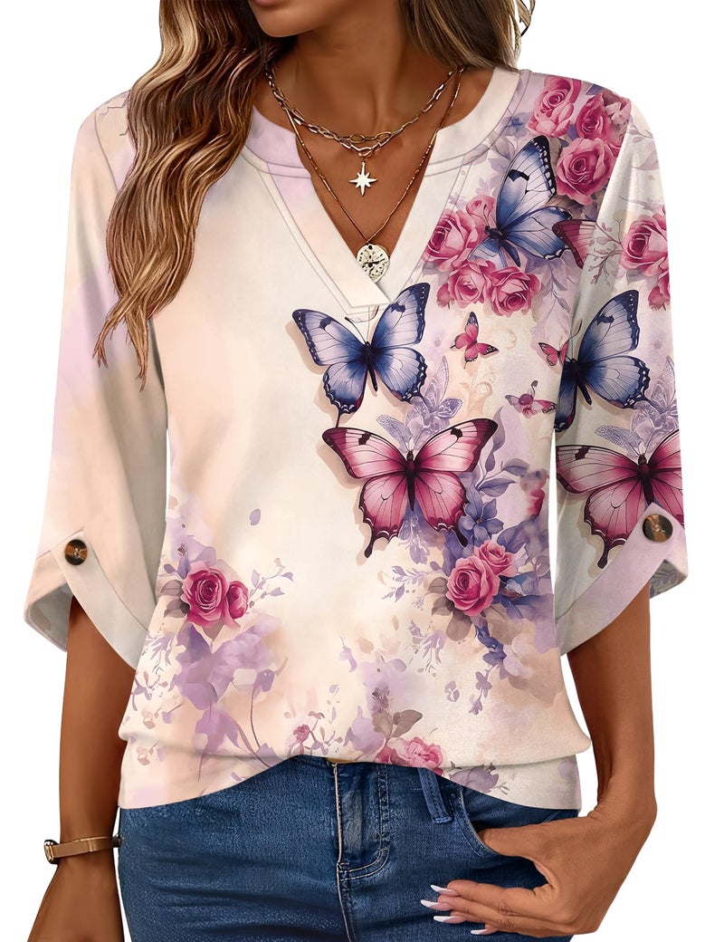 Kistore Women's Shirts Cute Going out 3/4 Sleeve Colored Butterflies Tops V Neck Button Cuffs Blouse Apricot M - Image 1