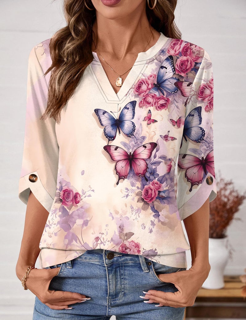Kistore Women's Shirts Cute Going out 3/4 Sleeve Colored Butterflies Tops V Neck Button Cuffs Blouse Apricot M - Image 4