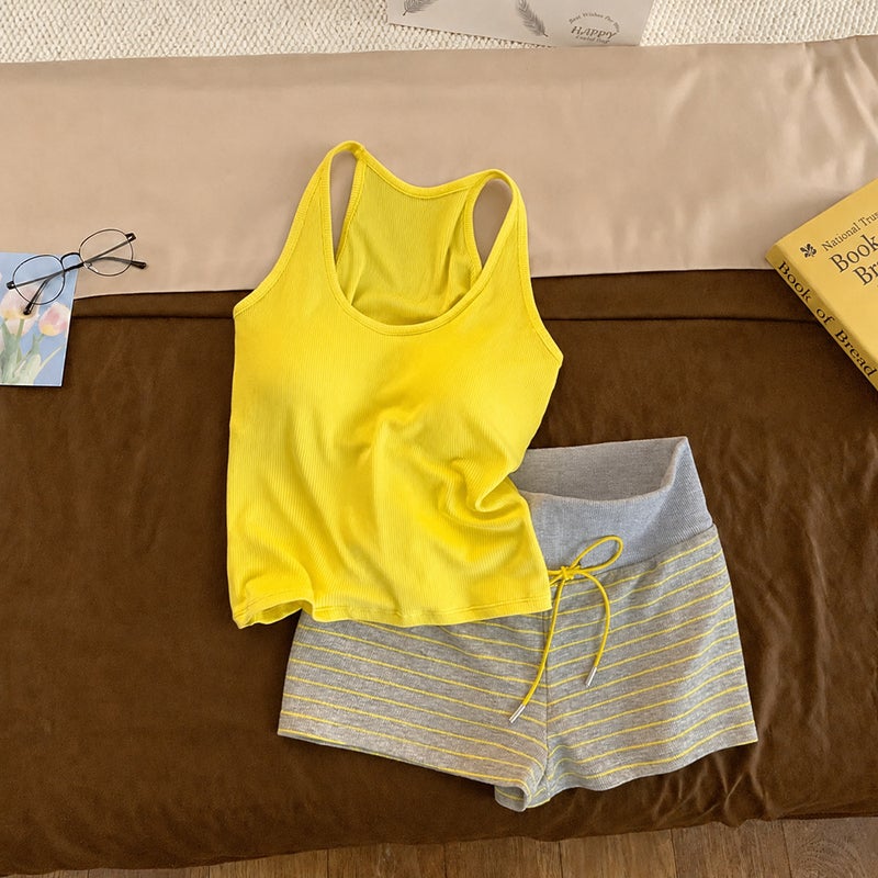 Women's Casual Striped Pyjama Set with Padded Vest and Shorts - Image 2