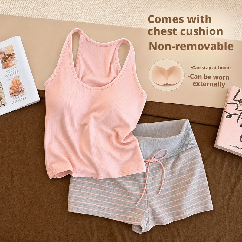 Women's Casual Striped Pyjama Set with Padded Vest and Shorts - Image 3