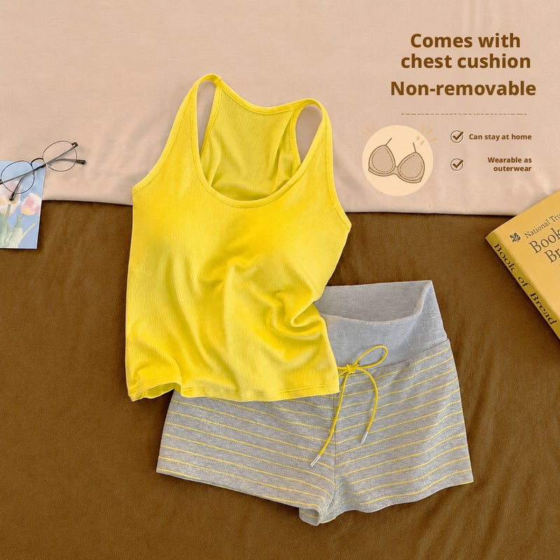 Women's Casual Striped Pyjama Set with Padded Vest and Shorts - Image 1