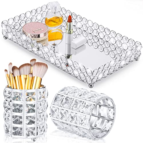 3 Pieces Perfume Tray Crystal Vanity Tray Mirrored Crystal Cosmetic Makeup Tray Set Makeup Brush Holder Bathroom Decorative Organizer Brush Cup Holder Vanity Accessories for Dresser Silver Round