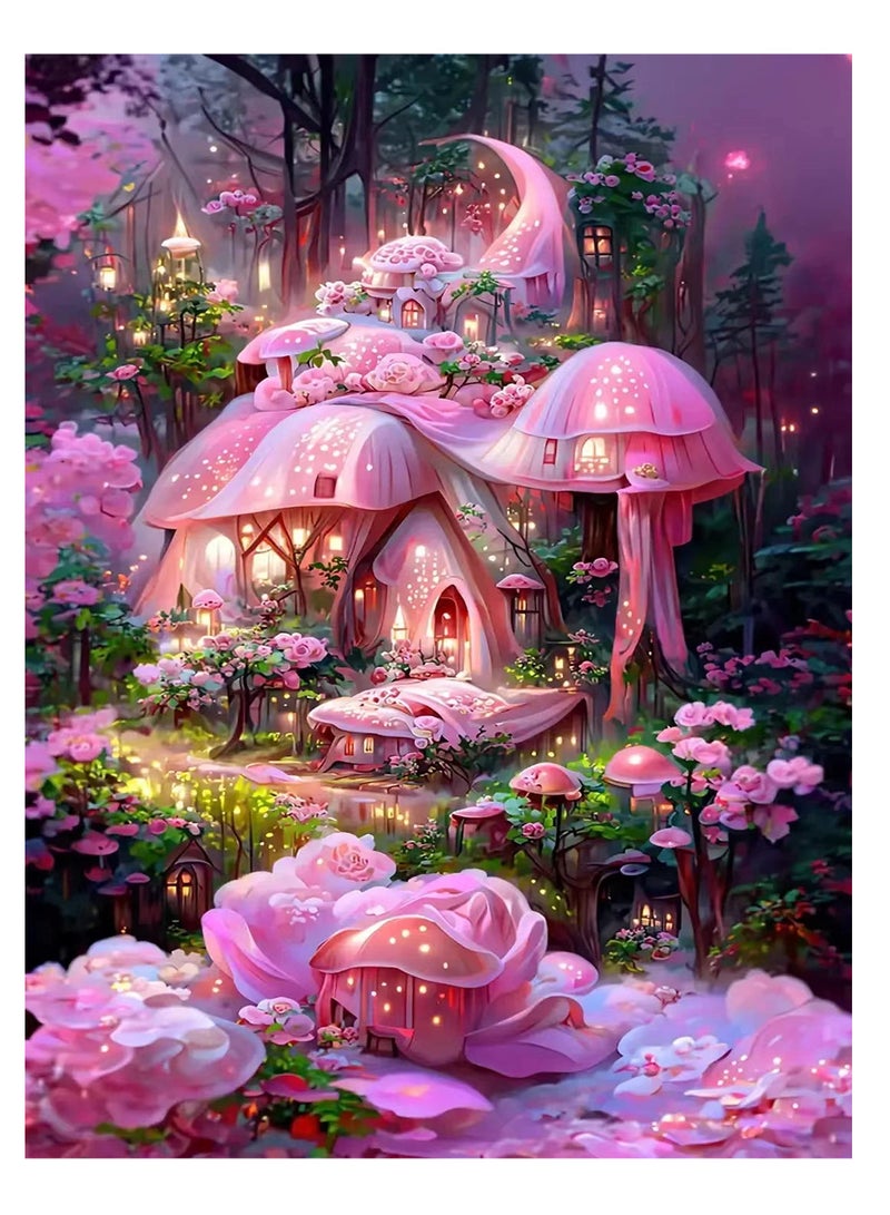 SYOSI مجموعة الرسم الماسي 5D من SYOSI ، كوخ الفطر الوردي ، مجموعة رسم الماس DIY ، فن تصوير مشهد الرسم الماسي لتزيين جدران المنزل (11.8 × 15.7 بوصة)  - Image 1