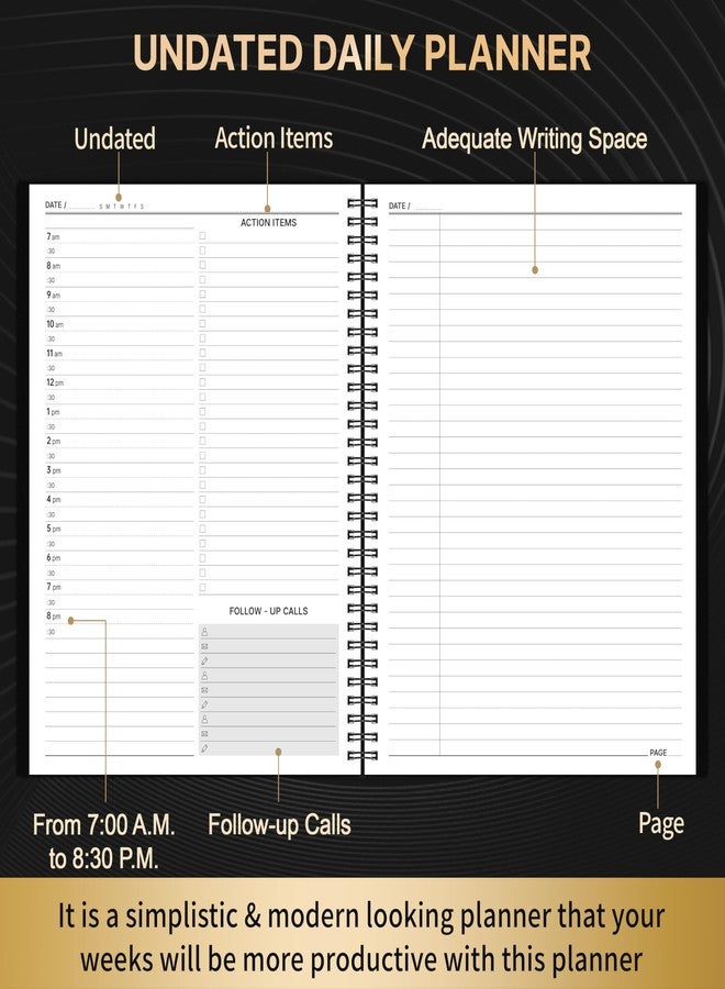 MaaIbok Daily Planner - 9'' x 11'' Notebook with Hourly Schedule, Undated Workbook to Record Your Appointments, 208 Pages, Elastic Closure, Inner Pocket - Image 3