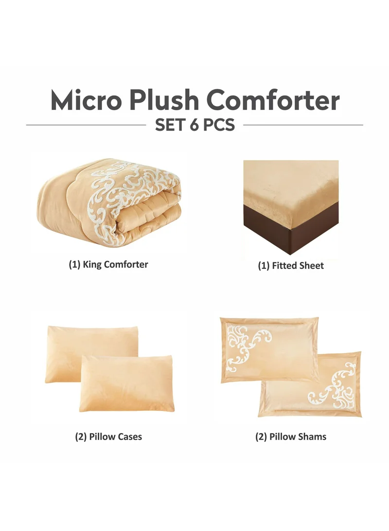 Donetella Comforter Set 6-Piece Double Size Designer Bedding Set Applique Embroidered With Down Alternative Filling,Beige