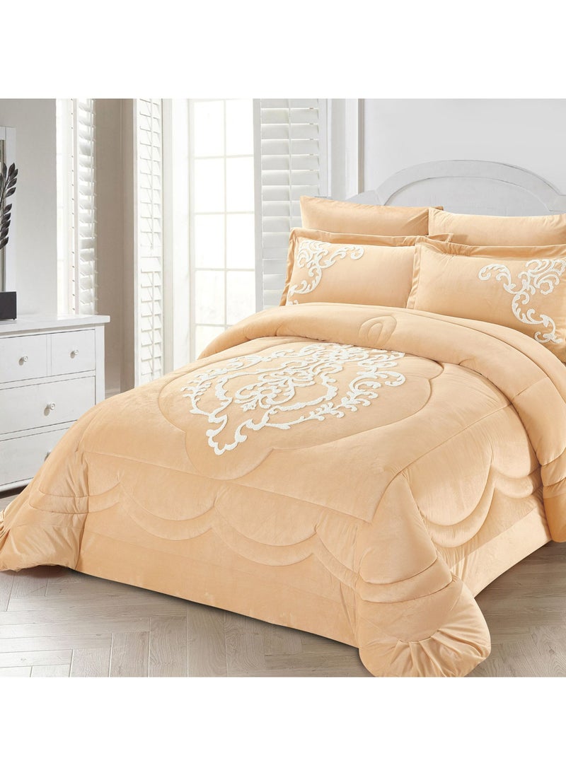 Donetella Comforter Set 6-Piece Double Size Designer Bedding Set Applique Embroidered With Down Alternative Filling,Beige  - Image 1
