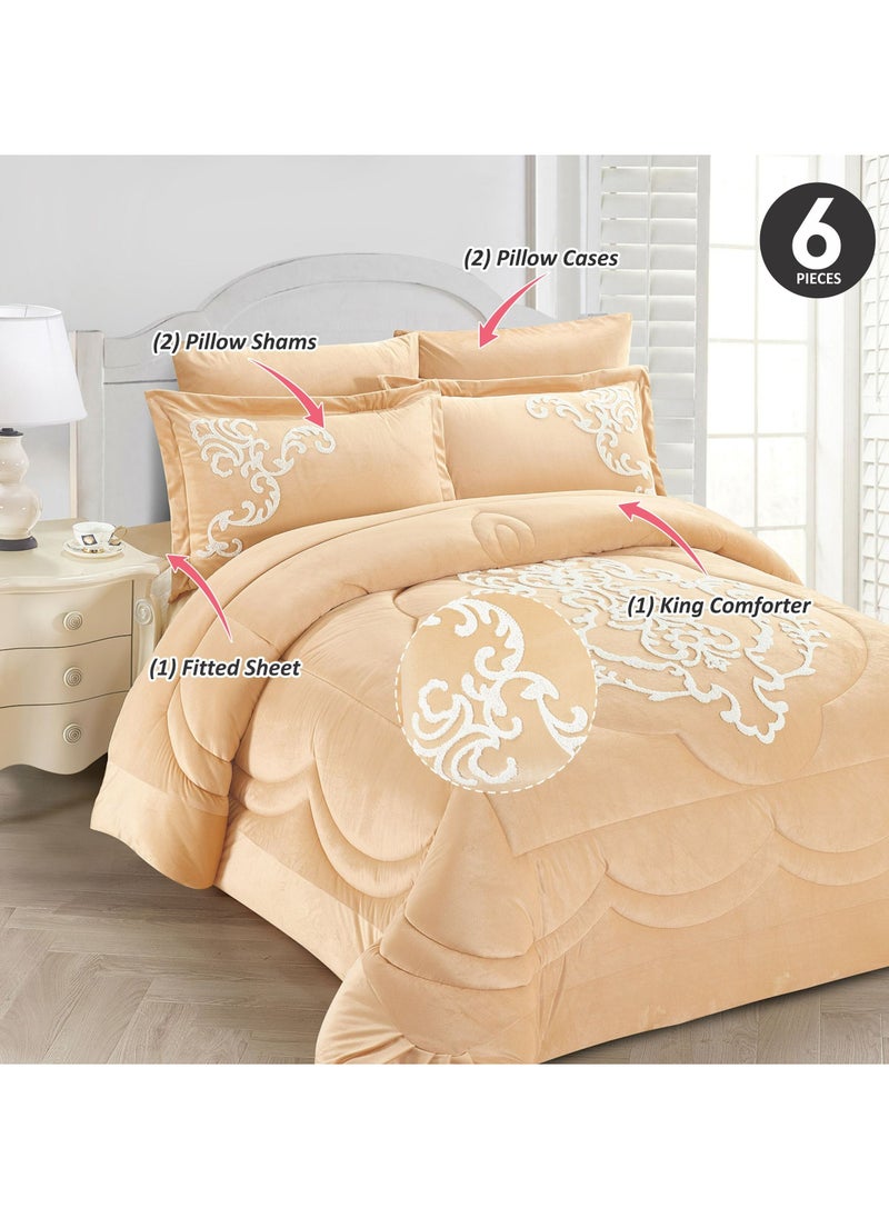 Donetella Comforter Set 6-Piece Double Size Designer Bedding Set Applique Embroidered With Down Alternative Filling,Beige  - Image 2