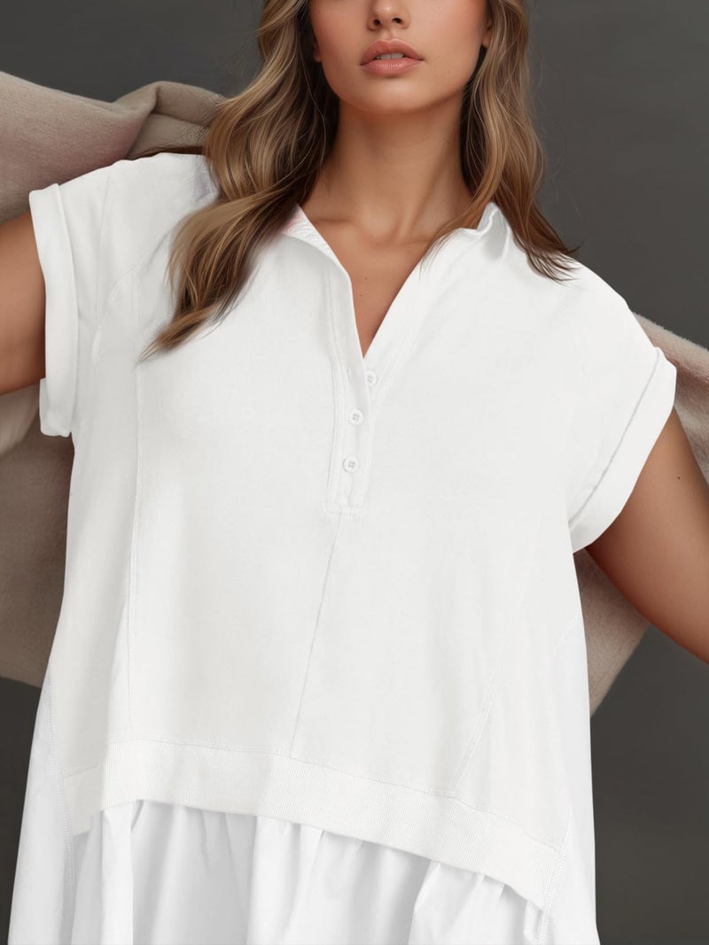 Fisoew Womens Summer Sweatshirt Dresses Short Sleeve V Neck Casual Oversized Patchwork Mini Dress White - Image 4
