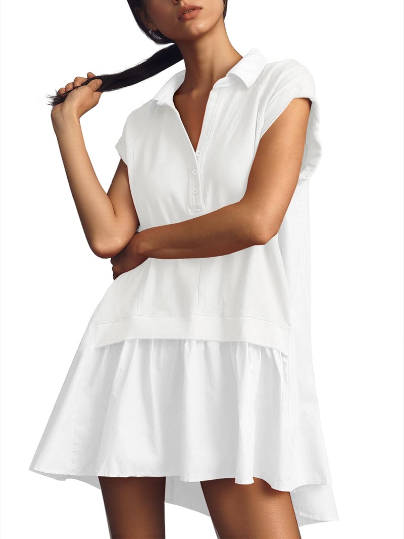 Fisoew Womens Summer Sweatshirt Dresses Short Sleeve V Neck Casual Oversized Patchwork Mini Dress White - Image 1