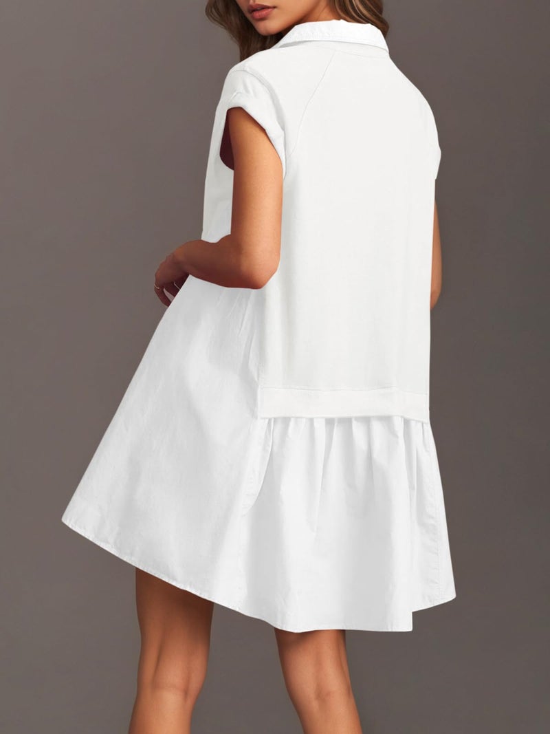 Fisoew Womens Summer Sweatshirt Dresses Short Sleeve V Neck Casual Oversized Patchwork Mini Dress White - Image 3