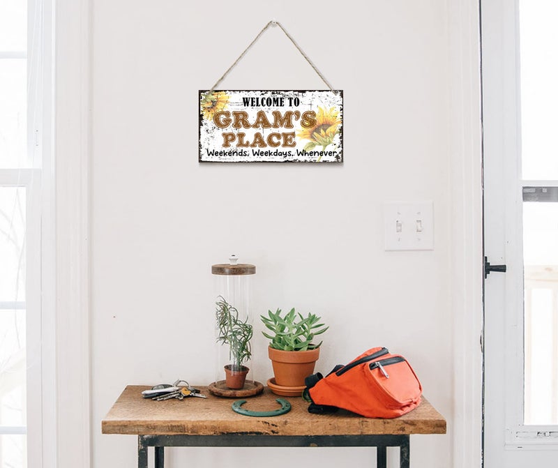 EDCTO Vintage Style Sign  Welcome to Gram's Place Weekends  Weekdays  Whenever Decorative  Hanging Wood Sign Home Decorative  Printed Wood Wall Art Sign  Sunflower Sign Gift for Grandma 12x6 in - Image 2